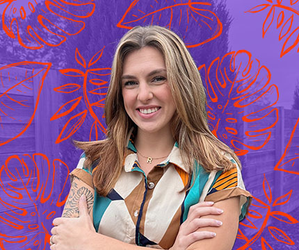 A photo of STUN employee Rachel with a colorful, illustrated plant leaf background..