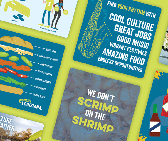 Various social media graphics for Louisiana Economic Development's, Here Now Louisiana social media account.