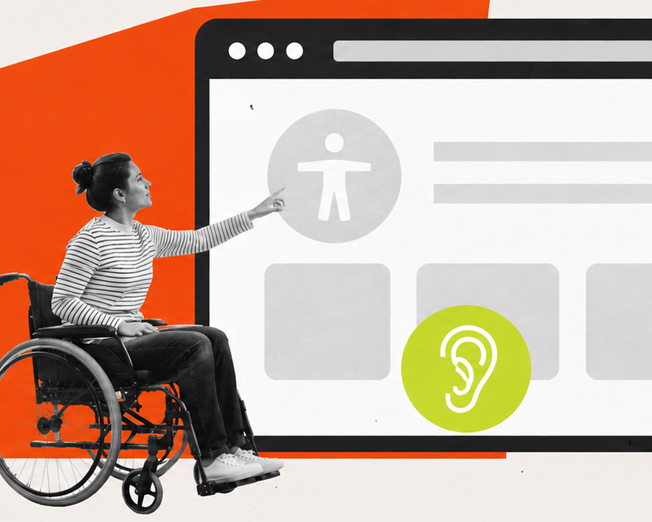 Wheelchair user pointing at a large computer screen with accessibility icons, including a green circle ear symbol.