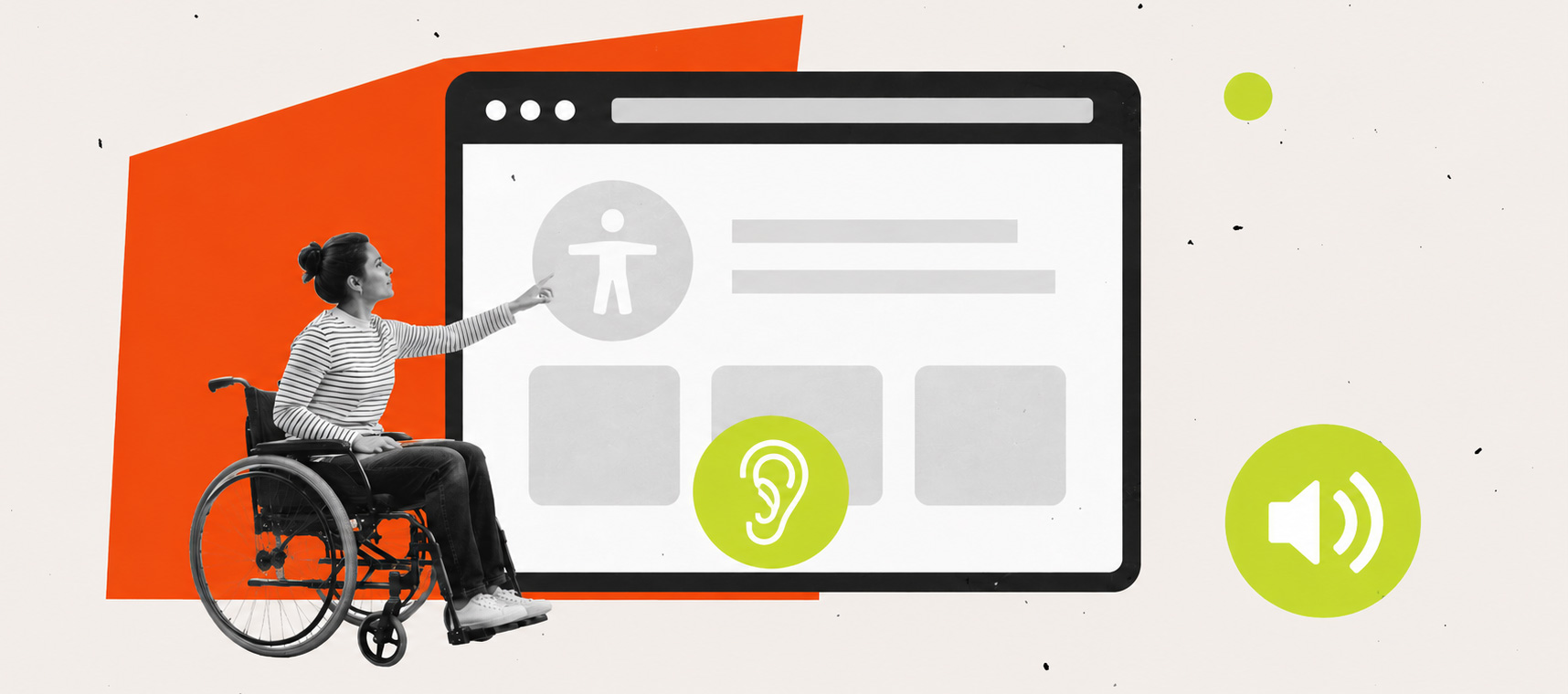 Woman in a wheelchair points at a large browser mockup with accessibility icons on a bright orange background.