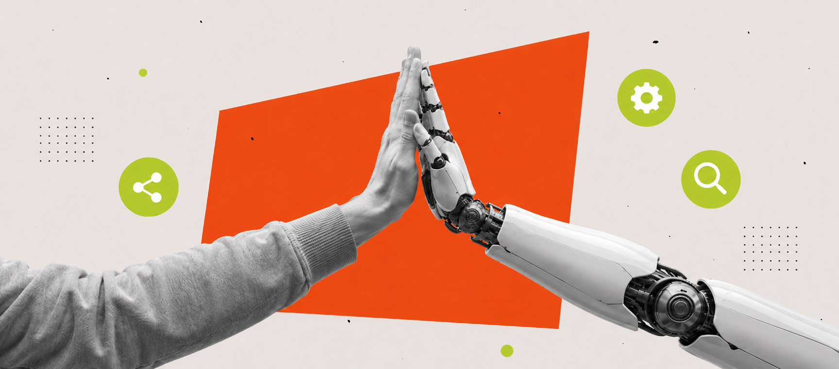 A human hand and robot hand high five each other surrounded by search and AI related icons.