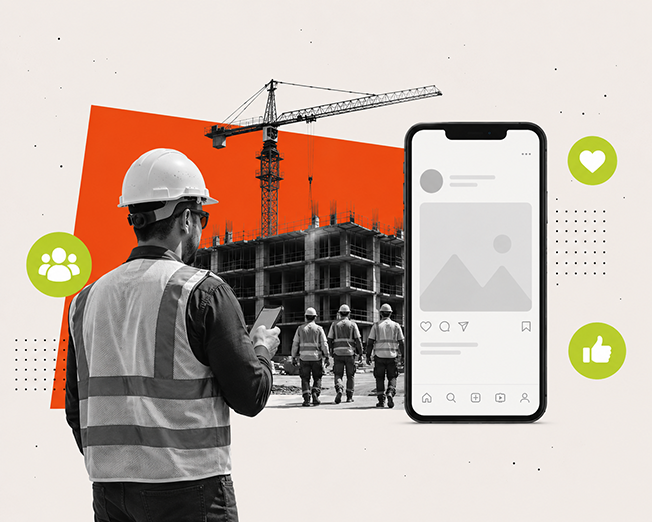 Construction worker in a hard hat and safety vest looking at a phone on an active jobsite.