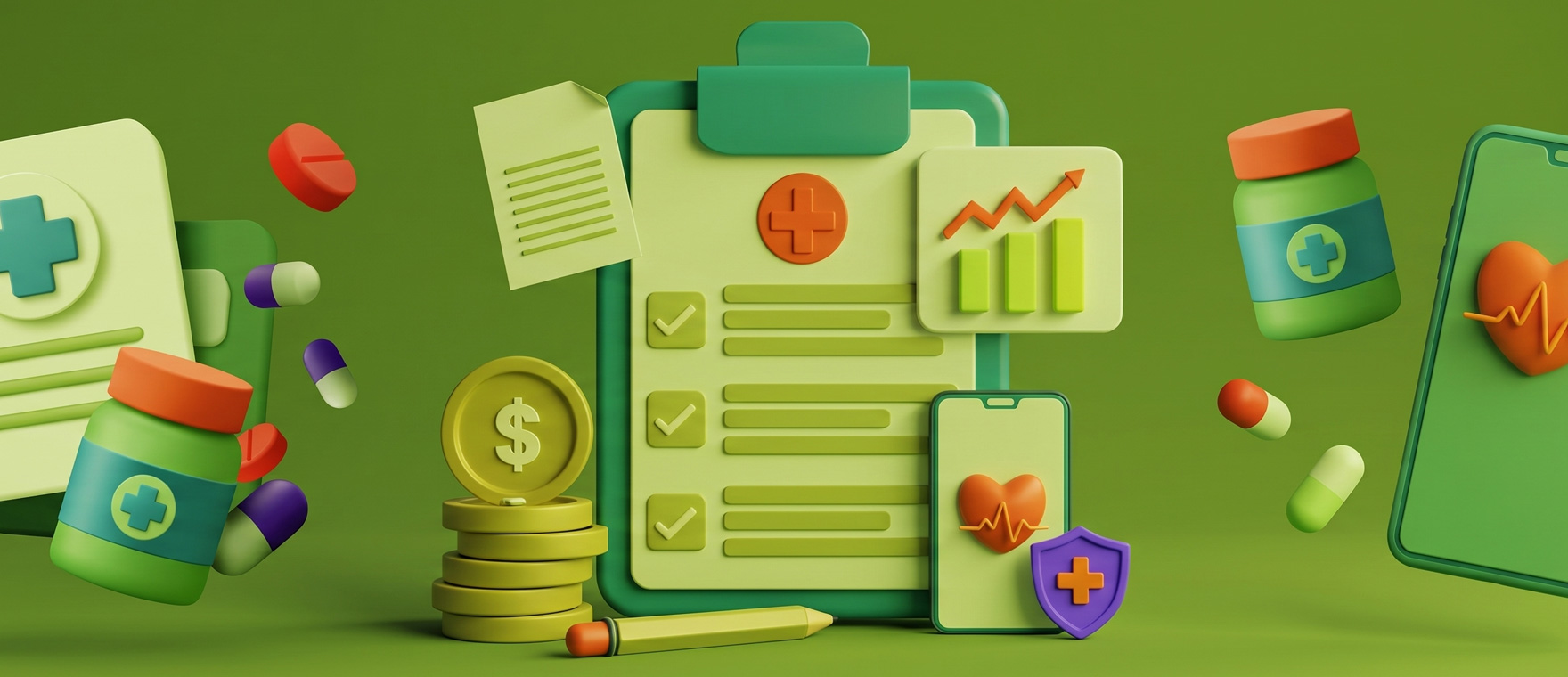 3D illustration of healthcare theme: clipboard with checklists, pills, medicine bottles, coins, a phone showing a heart monitor, and a shield icon on green background.