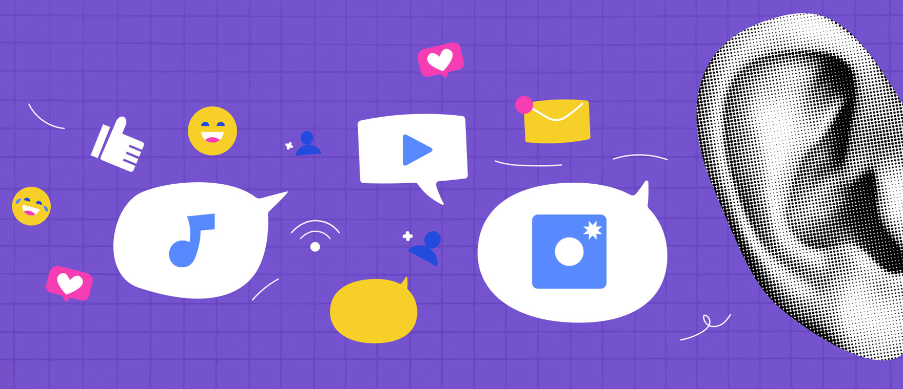 Abstract purple grid illustration with floating social icons (music note, like, envelope, camera) around chat bubbles and a halftone head on the right.