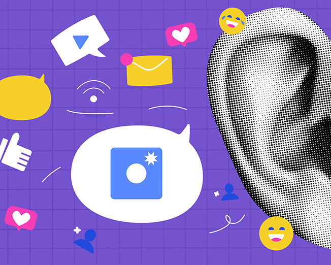 Abstract purple collage showing social media icons (like, heart, envelope) around a halftone ear, symbolizing listening online.
