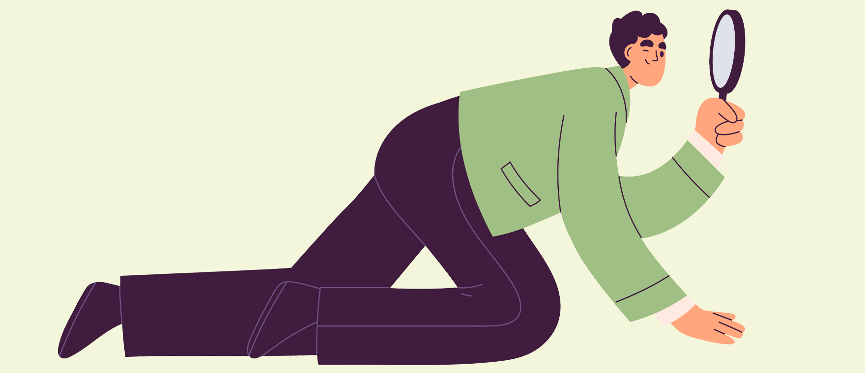 Cartoon man on all fours kneeling, holding a magnifying glass as if searching for clues.