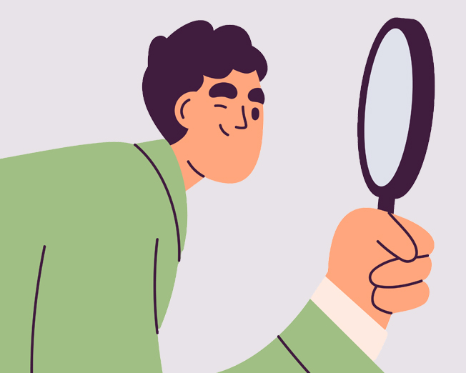 Cartoon man leaning forward, inspecting with a handheld magnifying glass.
